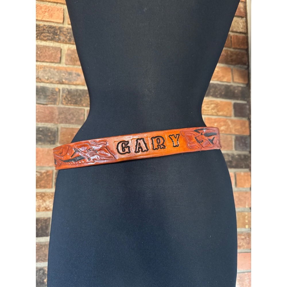 Custom Leather Belt Gary Western Tooled Design Mens Size 36-40‎ Brown
